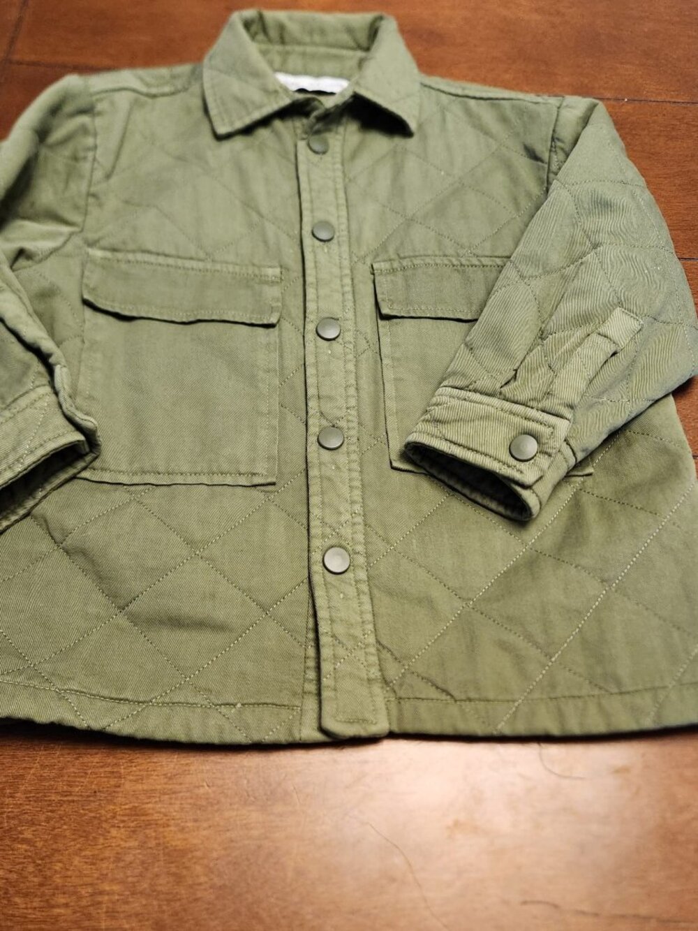 ZARA Kids Quilted Jacket Olive Green Snap Front Shacket Size 6 Front Pockets